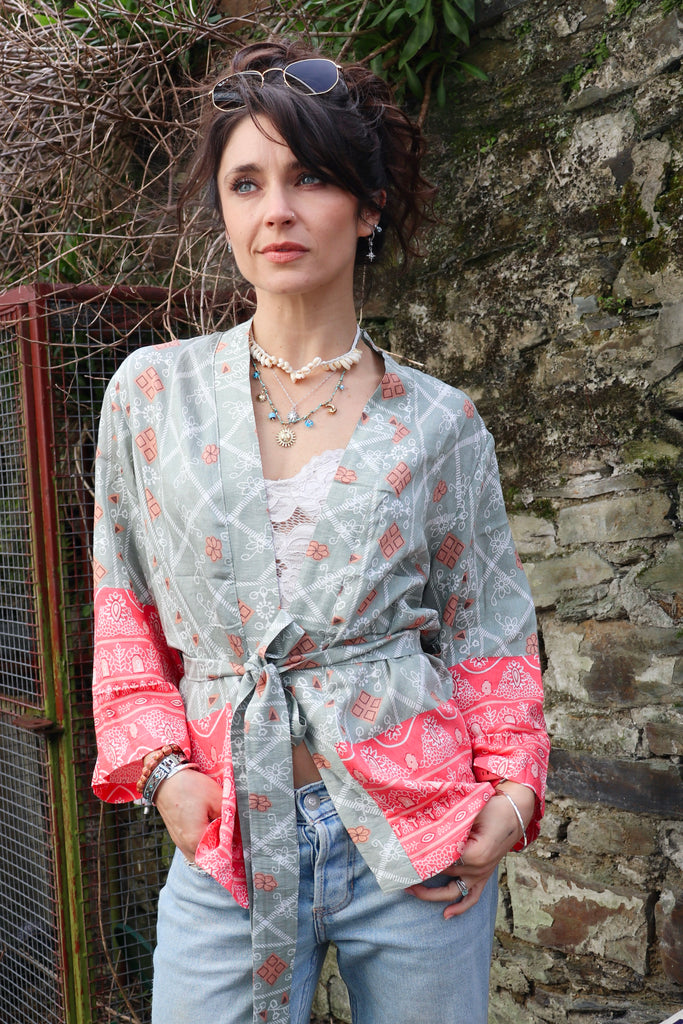 Sage and peach patterned kimono