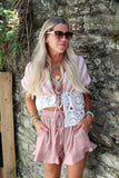 Coral striped crochet trim top