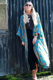 Blue floral long silky kimono