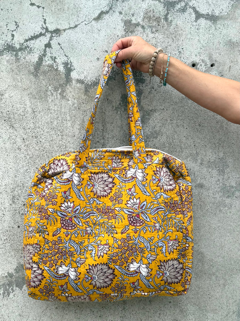 Floral cotton quilted hand bag (Mustard)