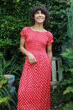 Red polka dot bardot dress