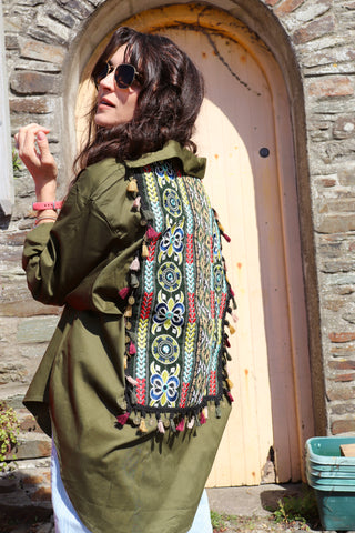 Embroidered cotton tassel jacket (Khaki)