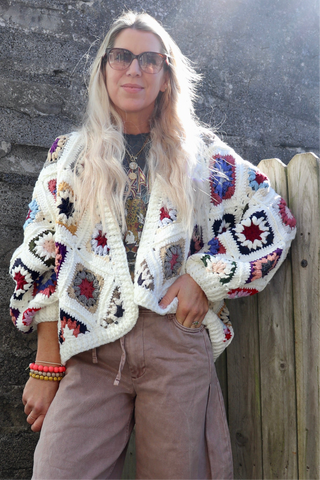 Crochet colourful granny square cardigan