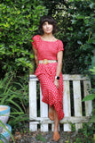 Red polka dot bardot dress