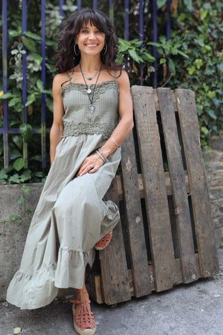 Lace applique khaki dress