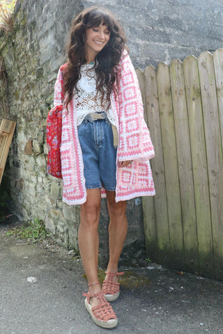 Pink granny square crochet cardigan