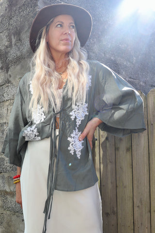 Floral applique detail tie blouse