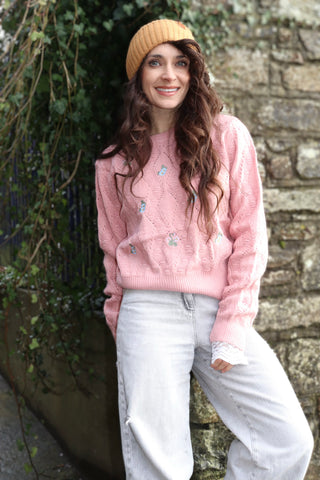 Floral embroidered pink jumper