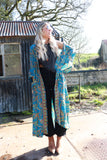 Blue floral long silky kimono