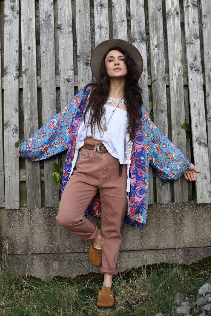 Short floral reversible kimono (Blue)