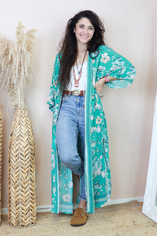 Long floral aqua kimono