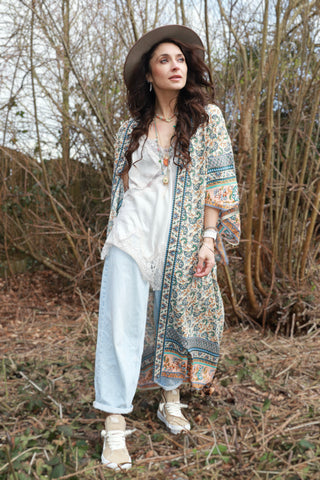 Peach border floral kimono