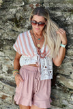 Coral striped crochet trim top