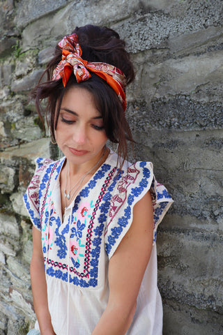 Orange border floral silky scarf