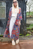 Red and teal long silky floral kimono