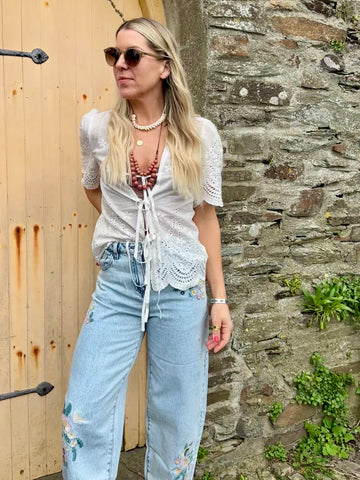 Broderie tie front blouse