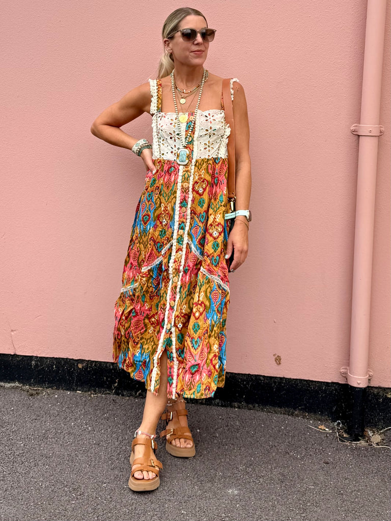 Broderie embellished aztec dress