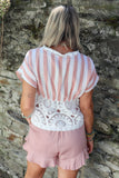 Coral striped crochet trim top
