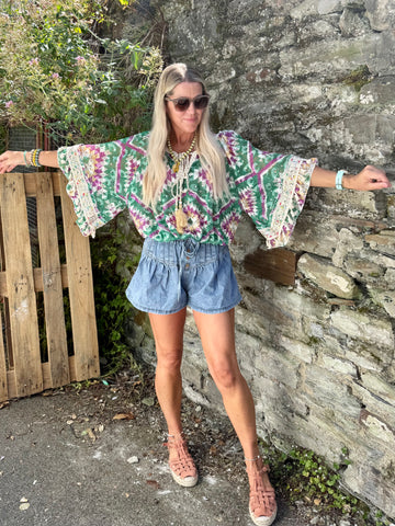 Colourful lace crochet trim top