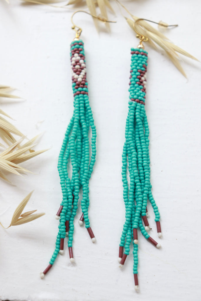 Blue beaded tassel earrings