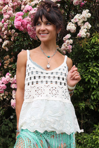 Crochet and broderie trim top