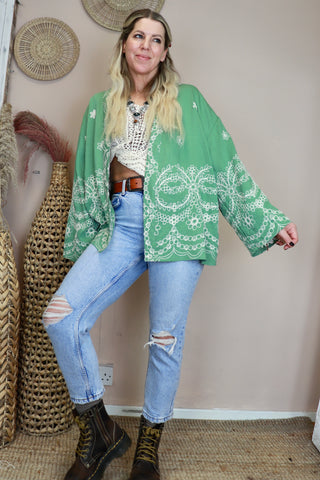 Floral embroidered sage green kimono
