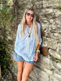 Light blue embroidered peasant blouse
