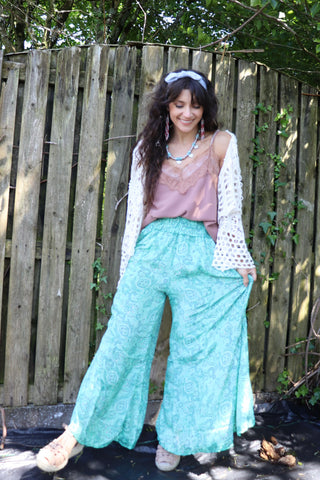 Aqua ornate flowy trousers