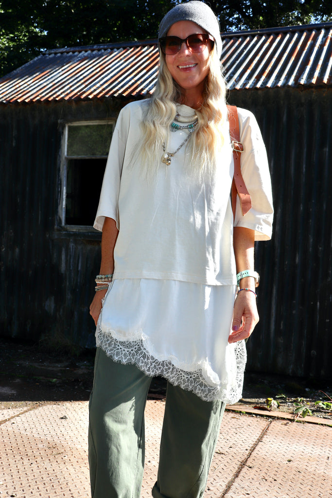 Asymmetrical lace trim tee
