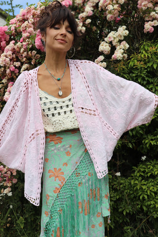 Crochet and embroidered kimono (Pink)