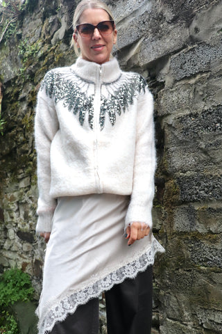 Sequin feather collar cardigan