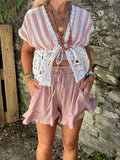 Coral striped crochet trim top