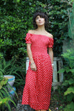 Red polka dot bardot dress