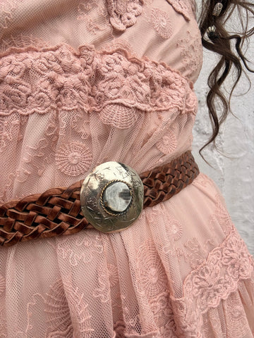 Etched buckle braided leather belt