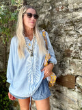 Light blue embroidered peasant blouse