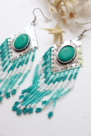 Etched diamond and turquoise beaded tassel earrings