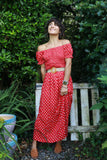 Red polka dot bardot dress