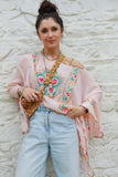 Floral embroidered pink poncho top