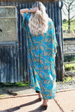 Blue floral long silky kimono