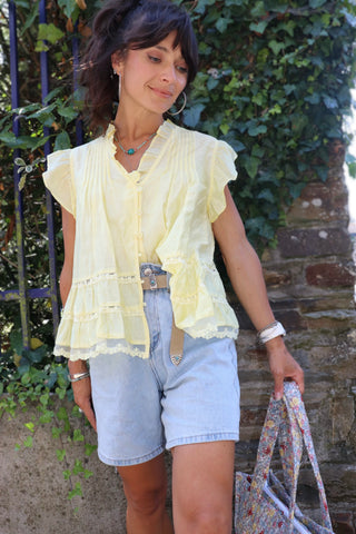 Silky lace insert blouse (Yellow)