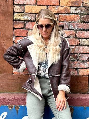 Shearling lined faux suede coat