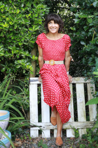 Red polka dot bardot dress