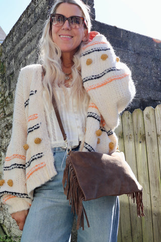 Slouchy leather handbag with fringe detail