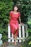 Red polka dot bardot dress