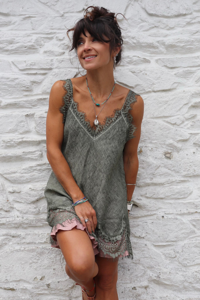 Lace trim linen cami (Khaki)