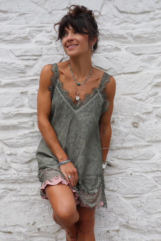 Lace trim linen cami (Khaki)