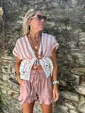Coral striped crochet trim top