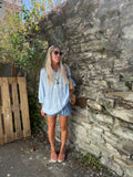 Light blue embroidered peasant blouse