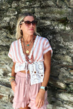 Coral striped crochet trim top