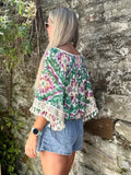 Colourful lace crochet trim top